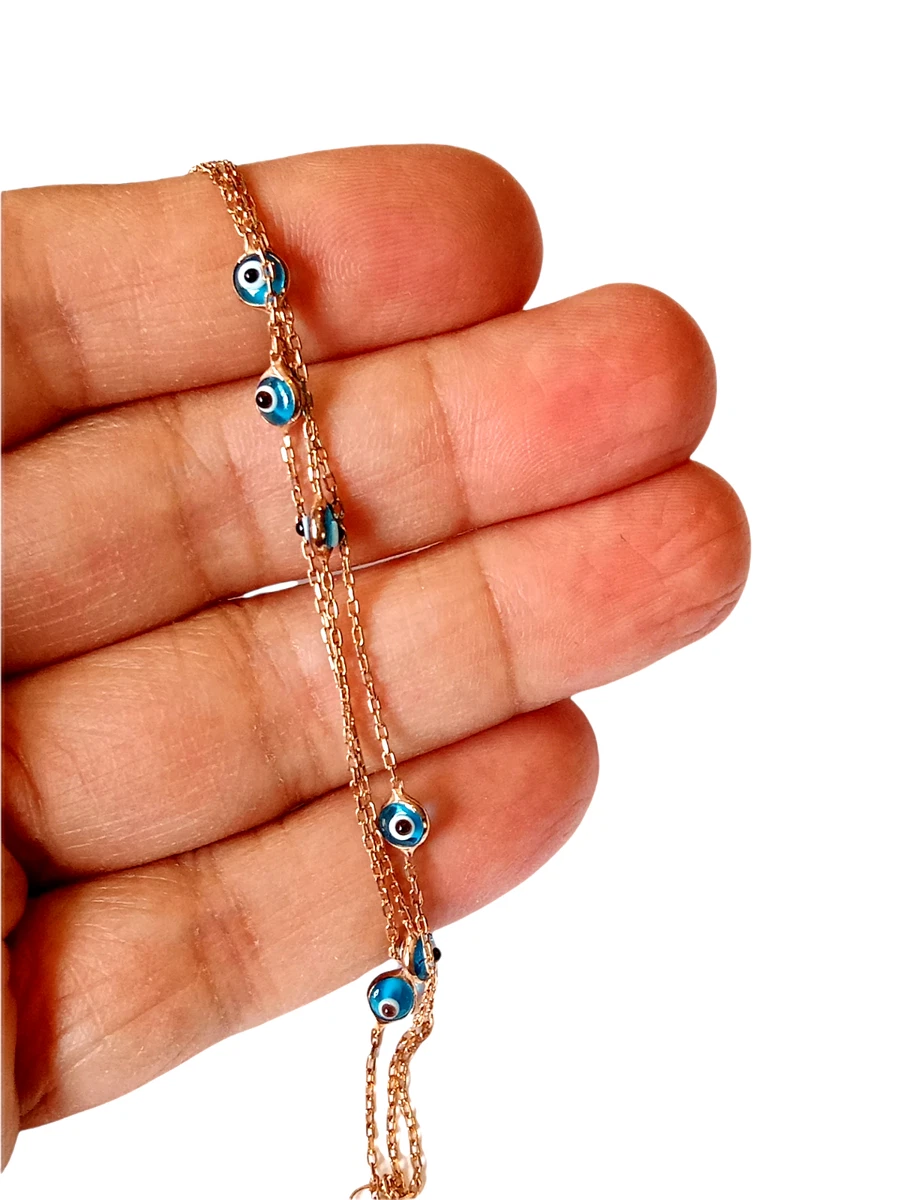 Turkish Jewelry Rose Gold 925 Sterling Silver Blue Glass Evil Eye