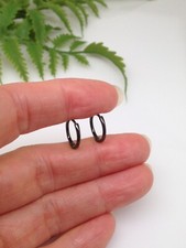 Plain Black Huggie Hoop Earrings Sterling Silver 925 10.8mm/9mmx0.9mm VERY SMALL