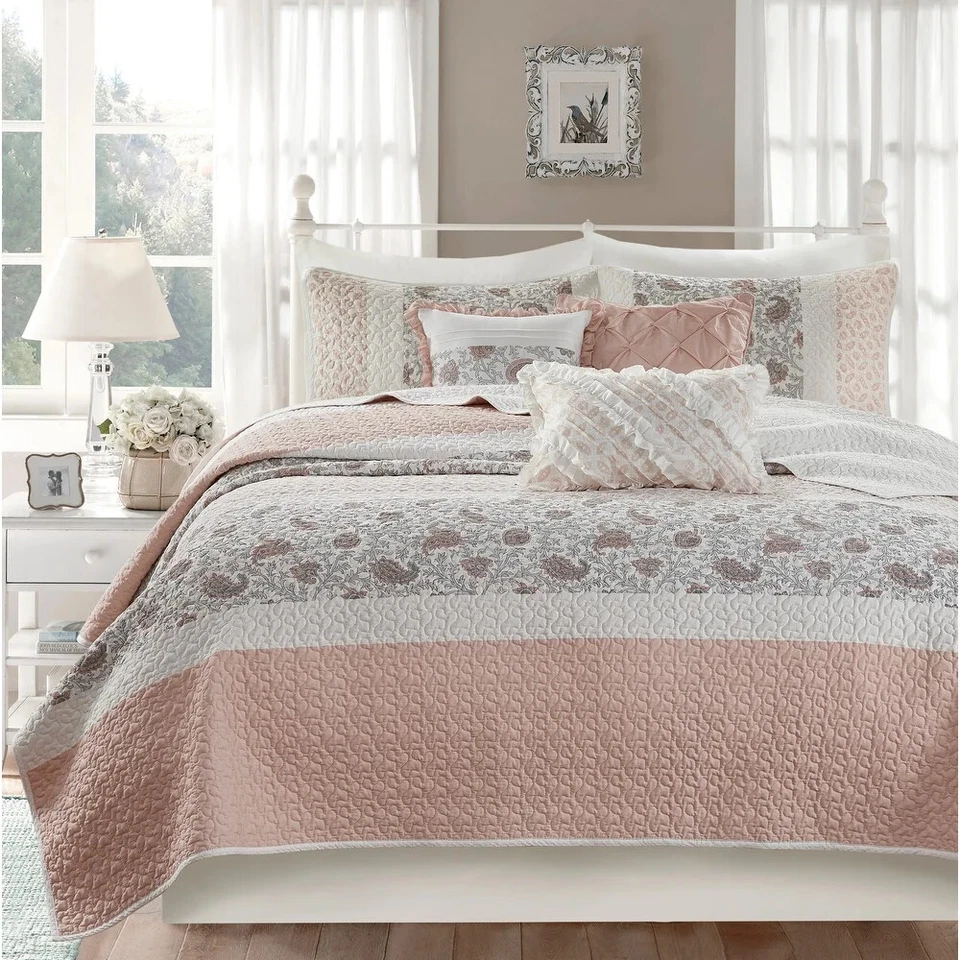 NEW! ~ COZY SHABBY CHIC FRENCH COTTAGE PINK WHITE RUFFLE GREY COUNTRY QUILT SET - Image 2 of 4