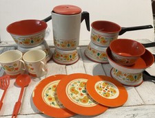 Vintage Chilton Globe Inc Orange Play Dishes Tea Pots And Pans Set 16 pc Set