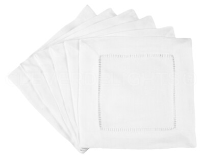 12 Pack - White Hemstitch Cocktail Napkins - 100% Cotton - 6 Inch Cloth Coasters