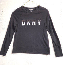 DKNY Sweater Women Large Black Pullover Sequins Logo Raglan Sleeve
