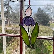 9" Purple Iris Sun Catcher w Green Leaves Stained Glass Window Decor Red Ribbon