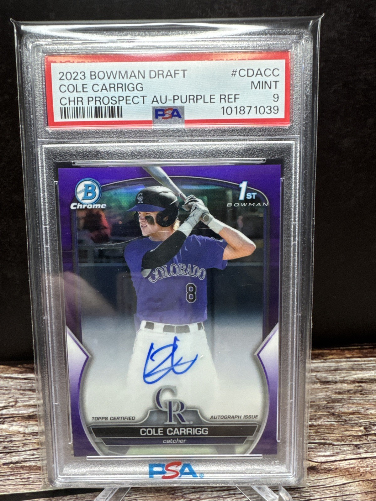 2023 Bowman Draft Cole Carrigg Chrome Prospect Purple Auto /250 #CDA-CC PSA 9