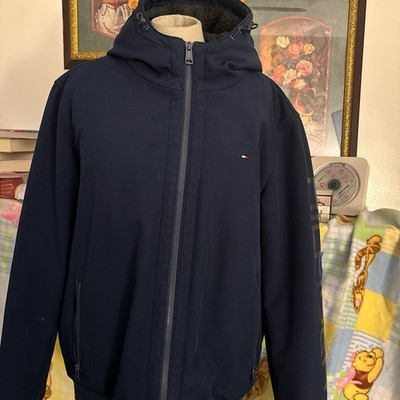 Tommy Hilfiger Navy Blue Hooded Zip Jacket Men M Regular Solid Pattern Logo