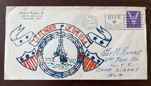 WWII PATRIOTIC COVER 1944 hand painted looks like Mary Krakora style camp Sibert