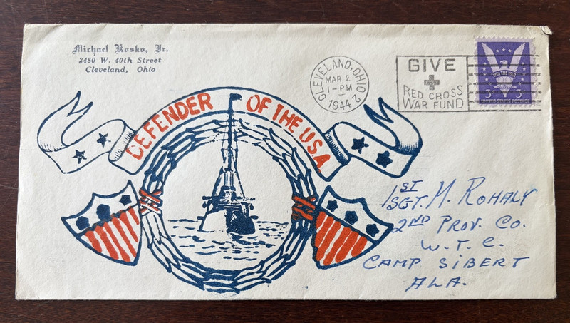 WWII PATRIOTIC COVER 1944 hand painted looks like Mary Krakora style camp Sibert