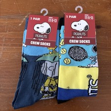 2 Pairs Peanuts Snoopy Woodstock Crew Socks Adult Shoe Size 6-13 Unisex