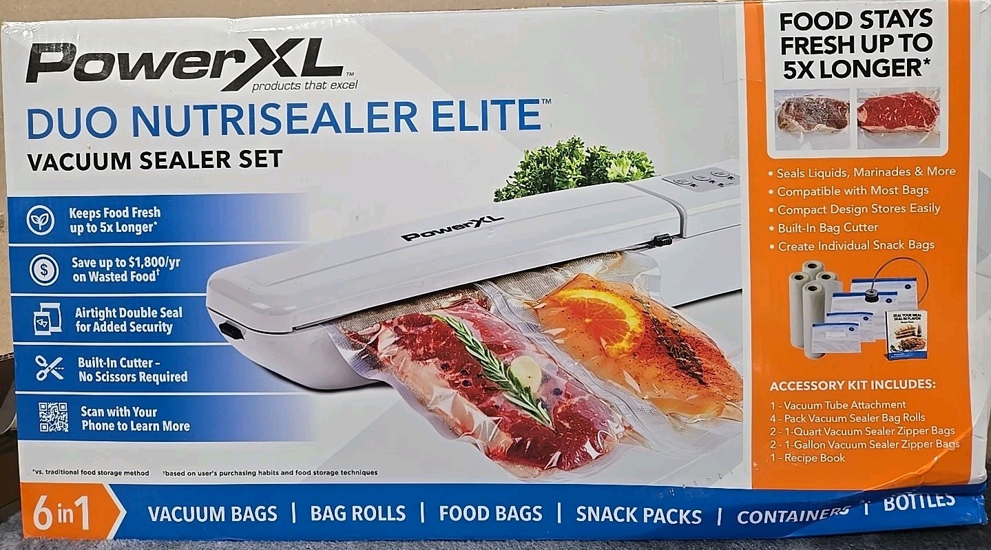 PowerXL Duo NutriSealer Elite Food Vacuum Sealer Set 6-in-1, Tested All Contents