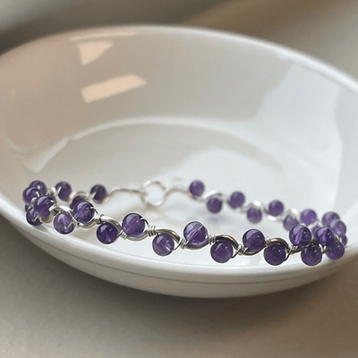 Amethyst purple 7  silver copper wire beaded beads handcrafted handmade dainty F