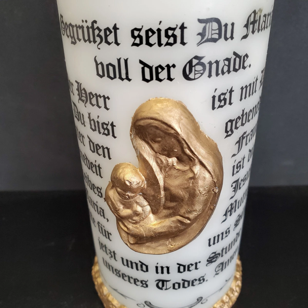 Kerze mit Gebet "Gegrüßt seist du Maria" 22 cm weiss gold Goldrand christliche