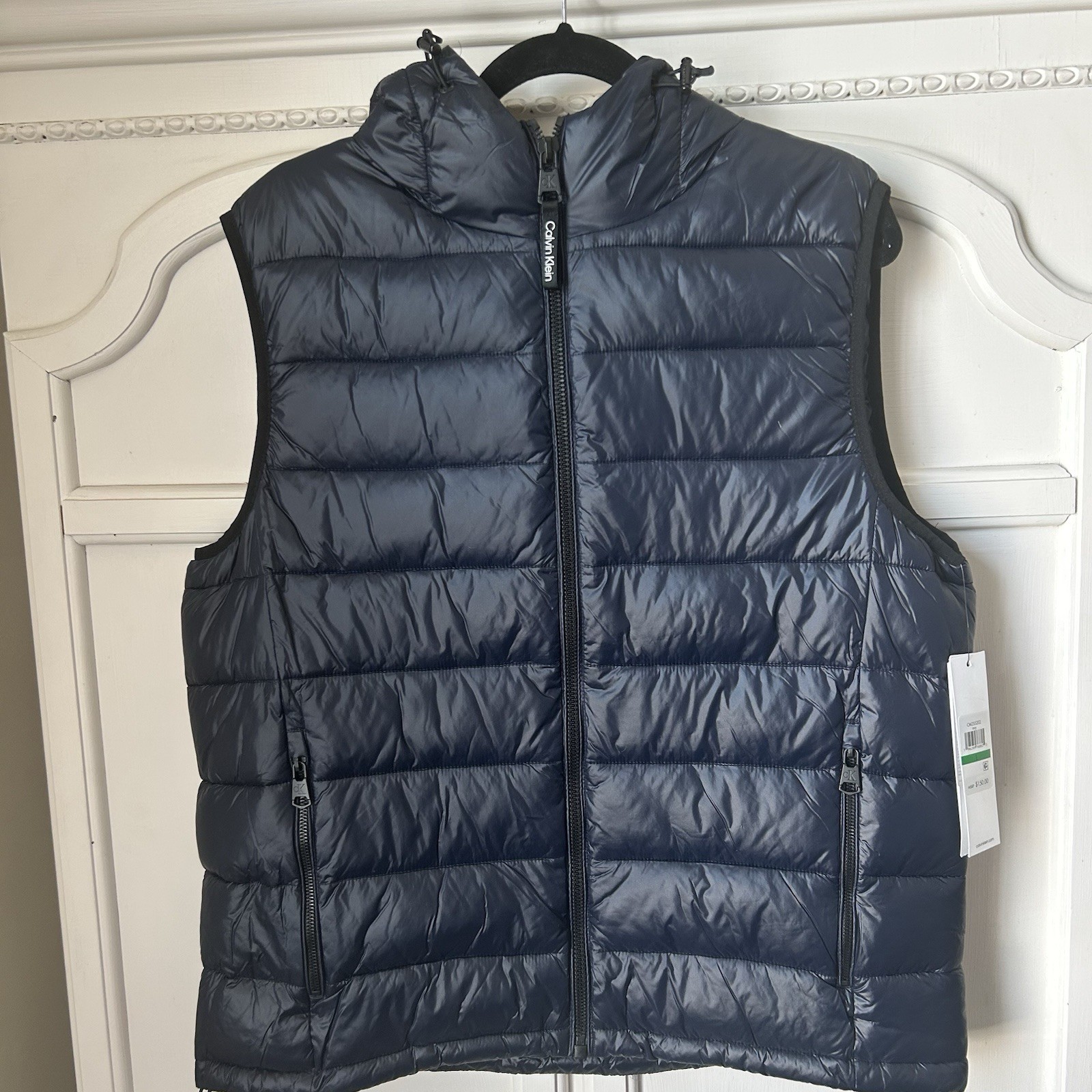 NWT Men’s Calvin Klein Puffer Hooded Insulated Vest Blue Sz Large Zip Up Pockets thumbnail 3