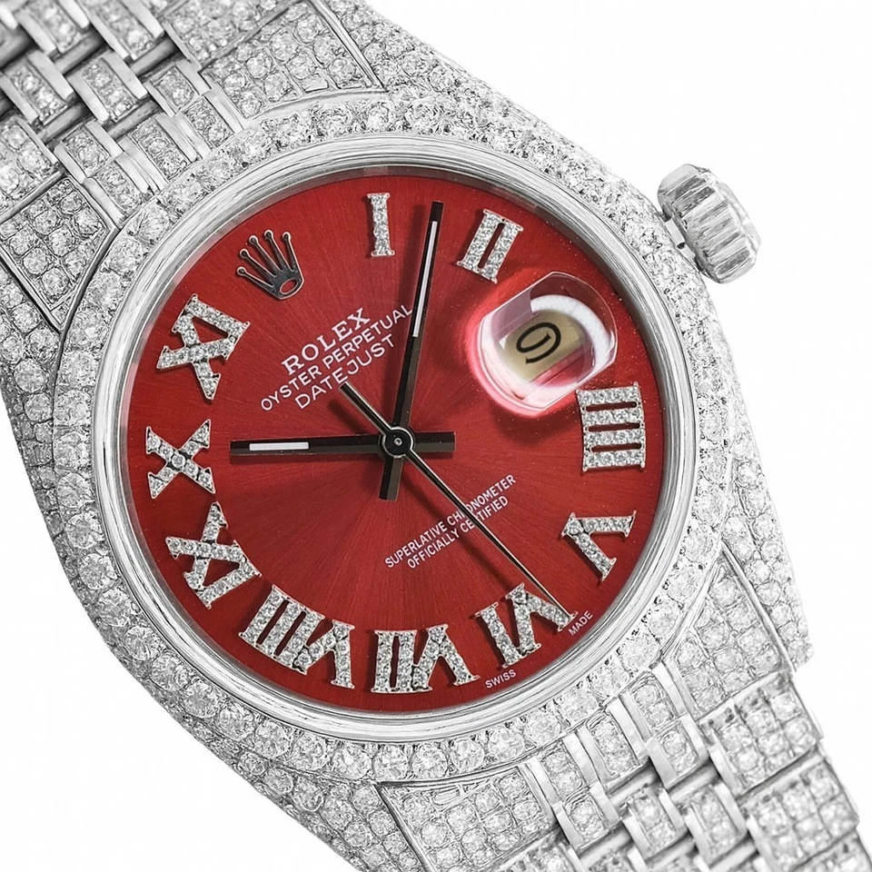 Reloj Rolex Datejust para hombre 36 mm helado carga completa diamantes genuinos esfera roja