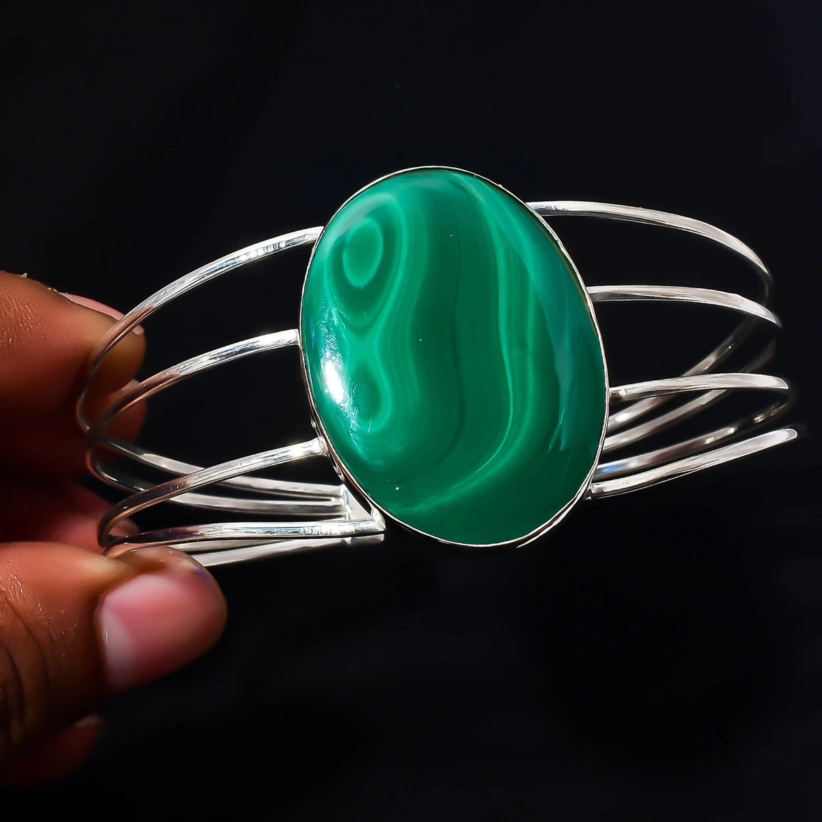 Malachite Gemstone 925 Sterling Silver Handmade Bangle Jewelry Gift For Love