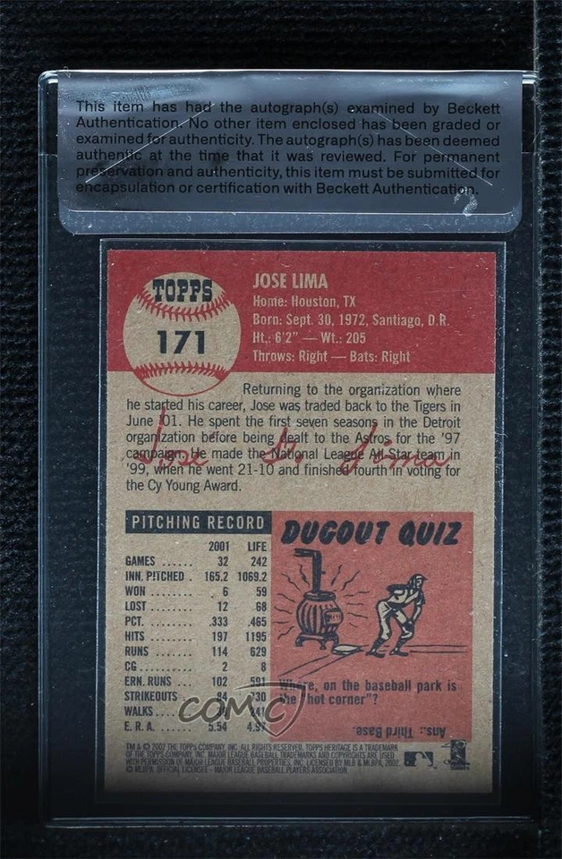 BAS 2002 Topps Heritage Jose Lima #171 Authentic Auto - Image 2 of 2