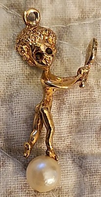 CYVRA Vintage Pendant Fairy Cherub Pixie Looking In Mirror Gold Tone Rare Signed