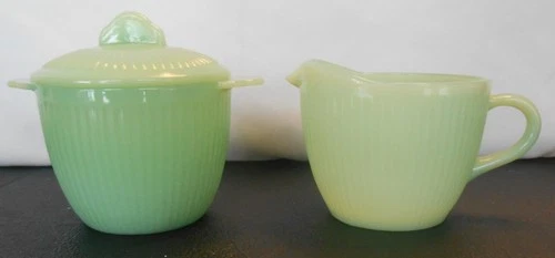 Vintage AH Fire King Jane Ray Ribbed Jadite Jade-ite Sugar Bowl w/ Lid & Creamer