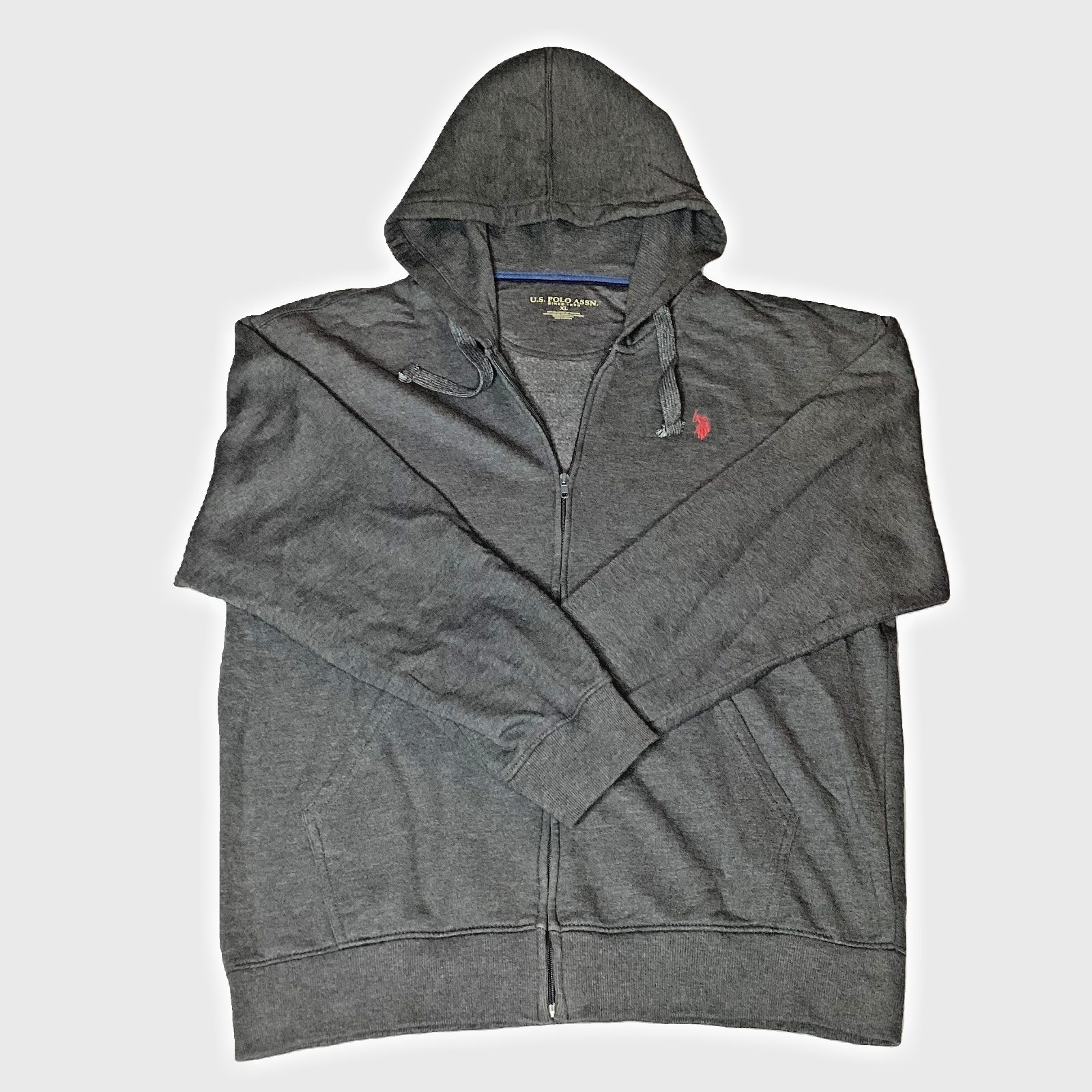 Felpa U.S. Polo Assn con cappuccio uomo XL grigia full zip rossa logo pony casual usata in ottime condizioni