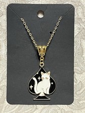 White Cat Black Spade Enamel Pendant Gold Necklace 18” Bohemian Novelty Fashion