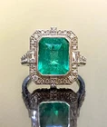 Vintage Art Deco Colombian Emerald Lab Diamond Engagement 14K White Gold FN Ring