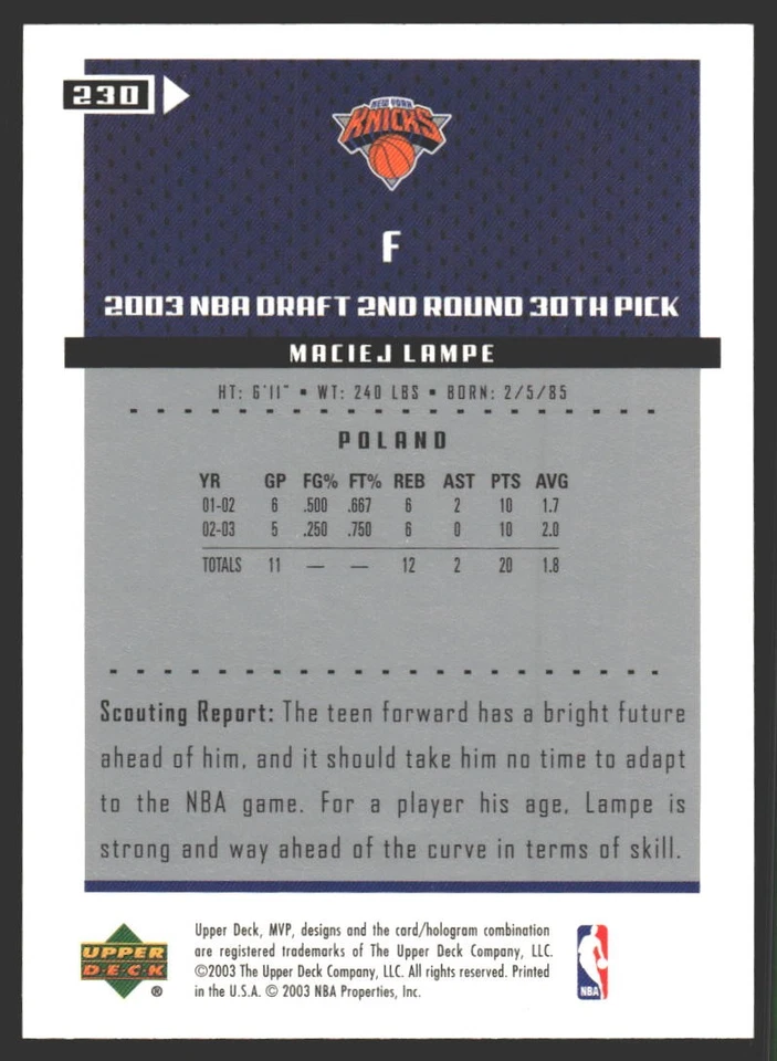 Maciej Lampe #230 2003-04 Upper Deck MVP New York KnicksRC Rookie - Image 2 of 2