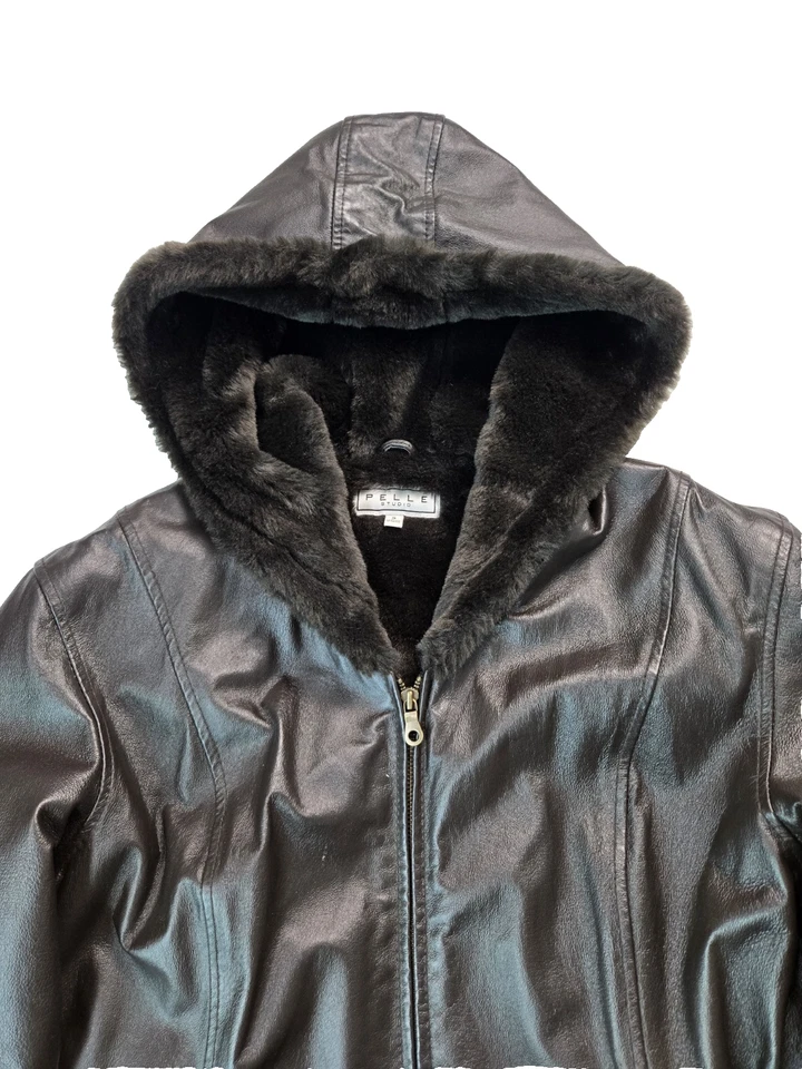 Pelle Studio Faux Fur Dark Brown Leather Hooded Belted Jacket Womens Small S - Image 3 of 4