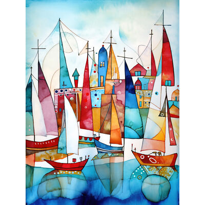 Hafen Boote Modern Abstrakt Volkskunst Aquarell Wandbild Poster Druck Riesen