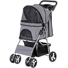 4-Wheel Foldable Pet Stroller for Small/Med Dogs Cats w/Basket & Cup Holder Gray