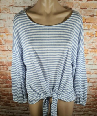 BNWT Ladies Sz L Katies Brand Pretty Blue Stripe Tie Front Texture Top RRP $50