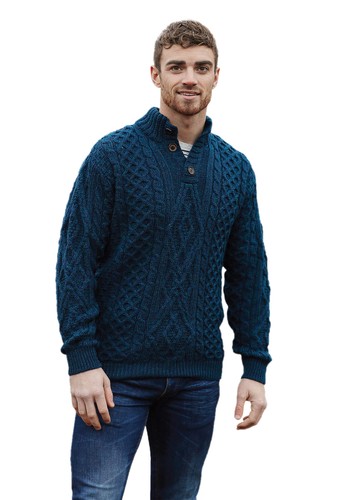 Irish Wool Sweater Aran Knit Diamond Knit Merino Wool Button Neck Pullover Blue - Picture 2 of 5
