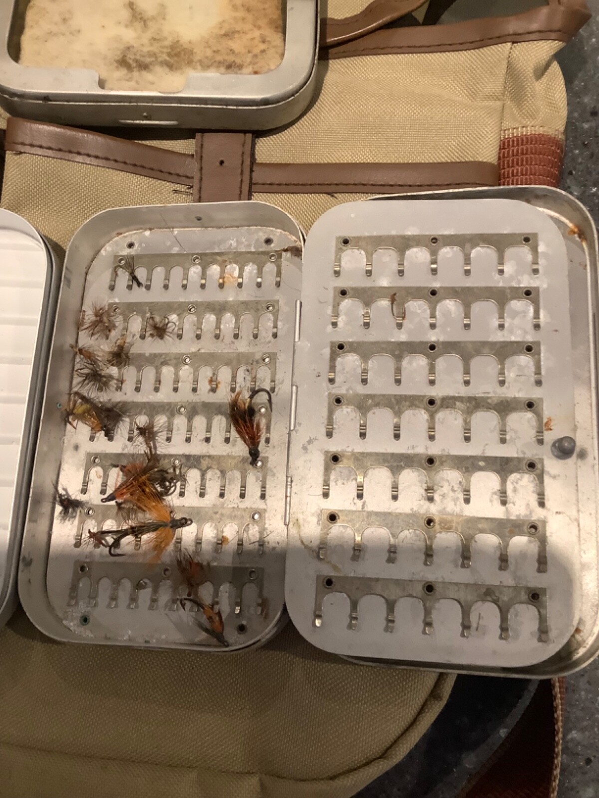 SHAKESPEARE TROUT FISHING BAG, THREE ALUMINIUM FLY BOXES inc WHEATLEY