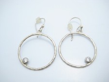 925 TH Sterling Silver Clear Round CZ Textured Hoop Dangle Earrings