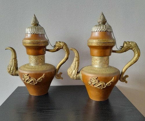 Antique Chinese Tibetan Copper & Brass Ceremonial Tea Pots - Picture 4 of 12