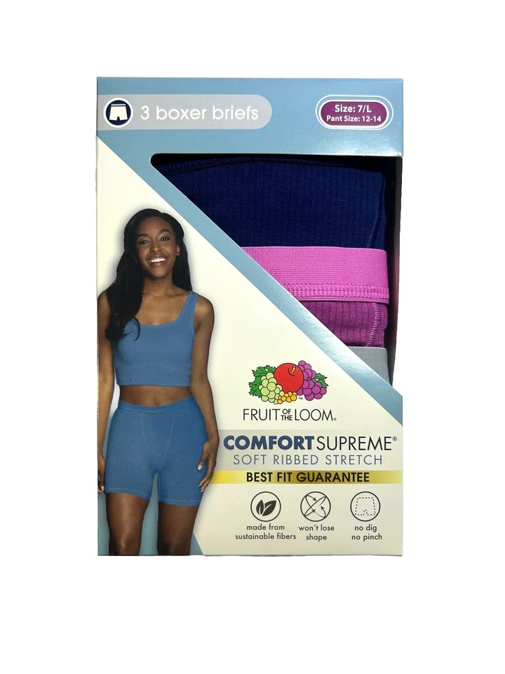 Fruit of the Loom Ladies 3 Pack Ribbed Comfort Stretch Boxer Briefs Size M L XL - Image 2 of 4