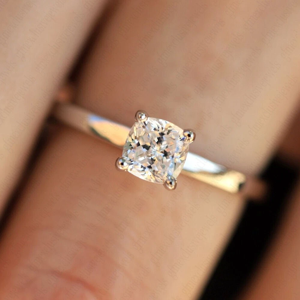 6.5 mm Cushion Cut Moissanite Minimalist Engagement Ring 14k White