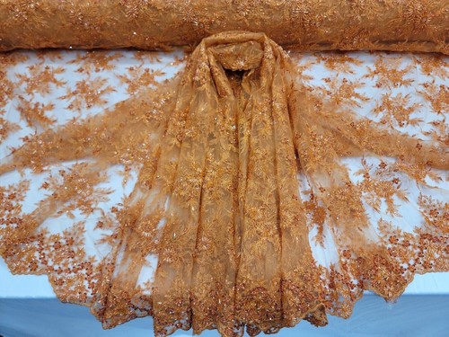 Orange Beaded Lace Fabric by the Yard - Embroidered Floral Flowers with Sequins - Picture 12 of 12