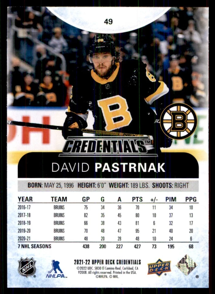 2021-22 Upper Deck Credentials David Pastrnak #49 - Image 2 of 2