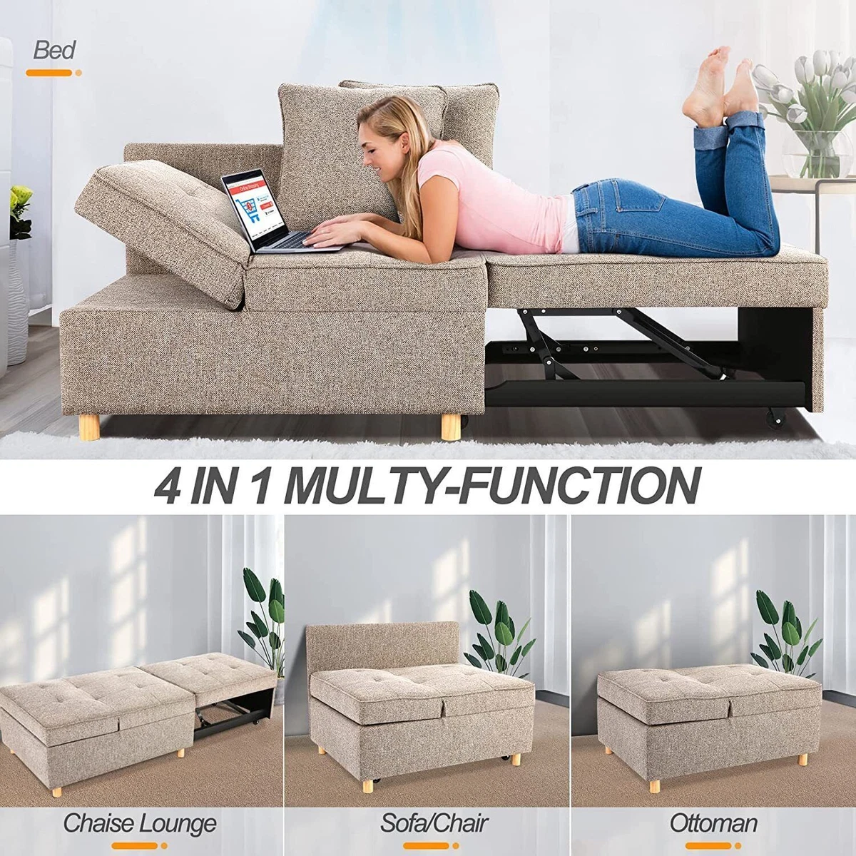 Folding Chair Bed Single Sofa Bed Armchair 3-in-1 Recliner Lounge Sleeper  Bed