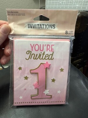 One Little Star Girl Pink Twinkle Cute 1st Birthday Party Invitations Envelopes