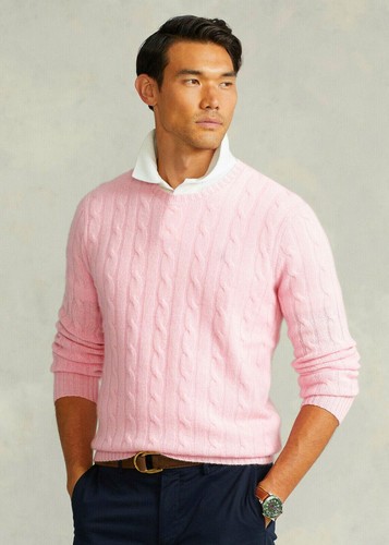 Polo Ralph Lauren Mens Italian Cashmere Cable Knit Pink Crew Neck Sweater  NWT | eBay