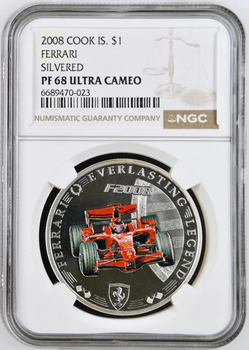 2008 COOK ISLANDS $1 Dollar Ferrari Silvered NGC PF68 Ultra Cameo