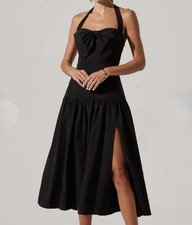 ASTR The Label Women's Black Adara Halter Midi Dress Sz S Bow Detail & Leg Slit