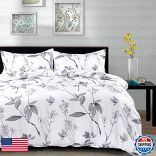 Nanko King Duvet Cover Set 3 Piece - Grey And White Floral Flowers Pattern