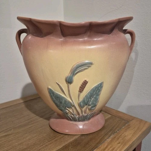 Vintage Hull Pottery Vase Pink Yellow Matte Glaze Double Handle Art Pottery 9.5"