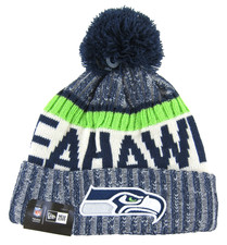 NWT New Era NFL Seattle Seahawks Blue Green Knit Pom Pom Beanie Hat OS