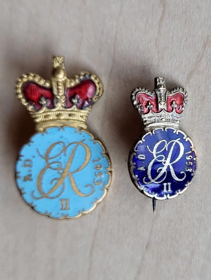 Vintage enamel Coronation of Queen Elizabeth Royalty brooch pin badges - Image 2 of 3