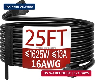 16/3 25 FT Outdoor Extension Cord Waterproof, Weatherproof & Flame Retardant Bla