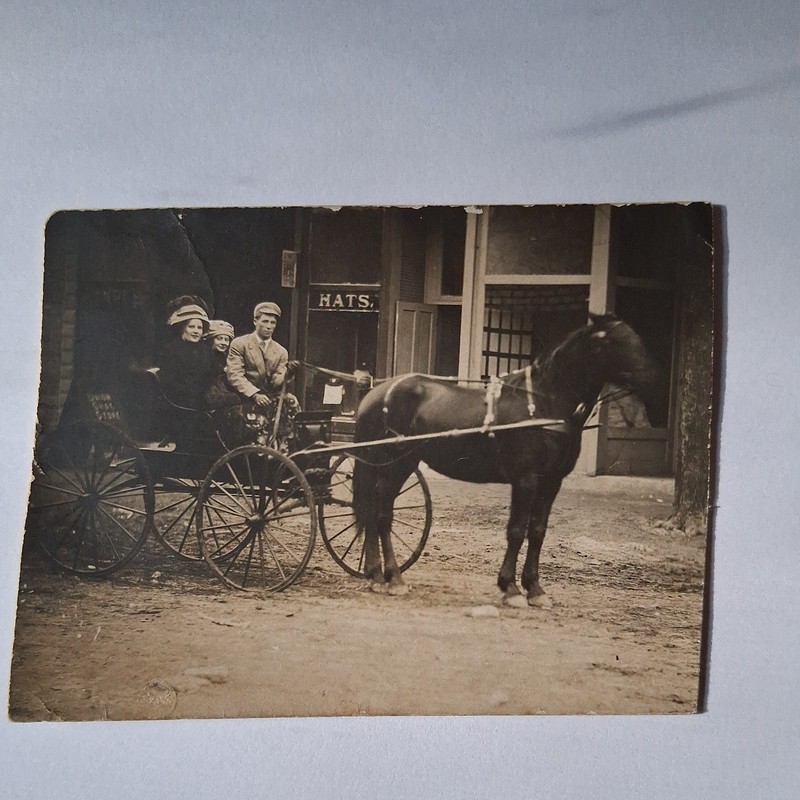 Vintage Real Photo Postcard Horse and Carriage Cowboy Street Scene Hat Store