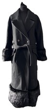Image of River Island Coat UK 8 Faux Fur Trim Womens black Trench long Double Breasted