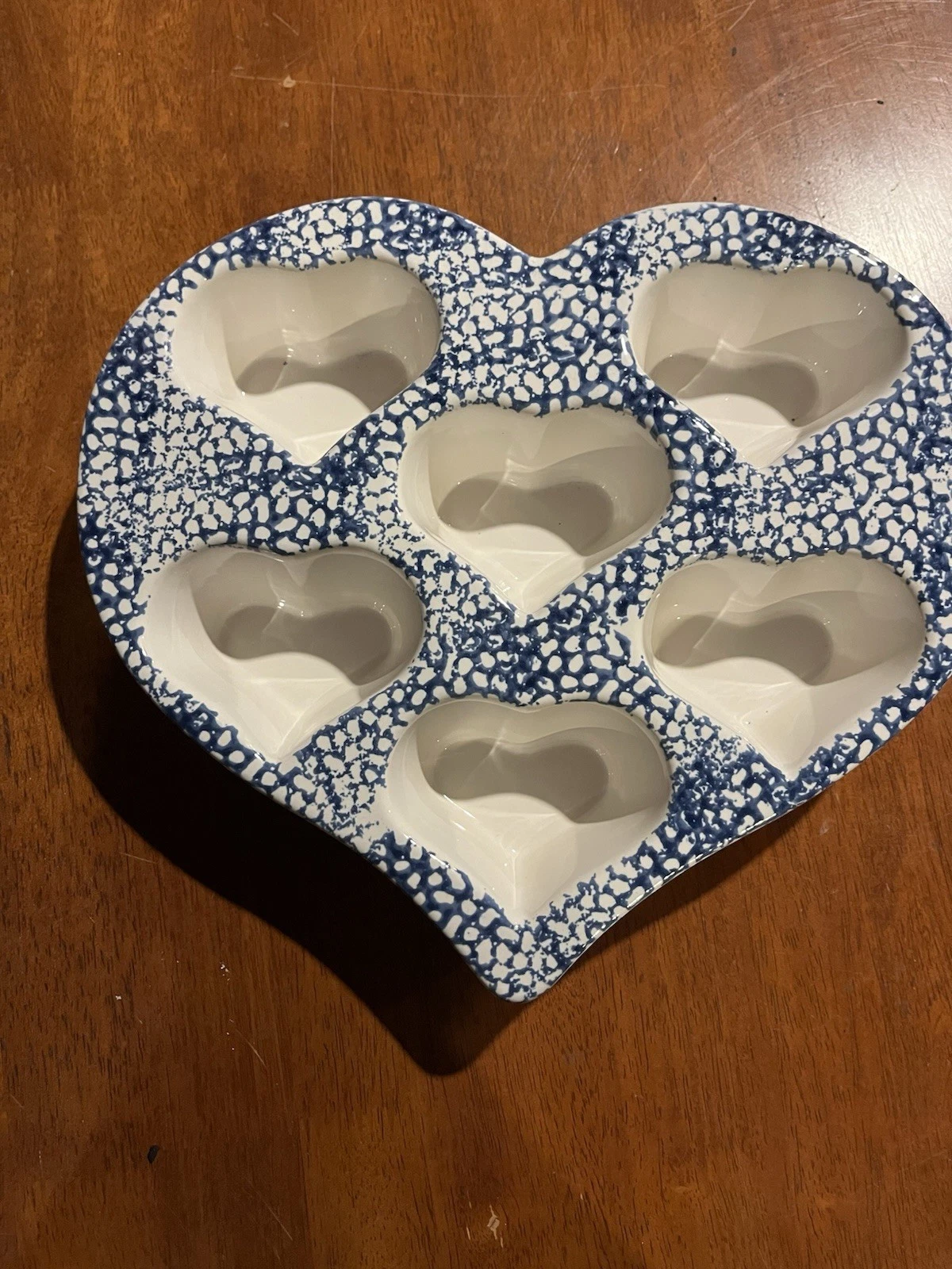 Vintage Stoneware Heart Shape Muffin Pan. Blue Sponged Design 12” New Never Used